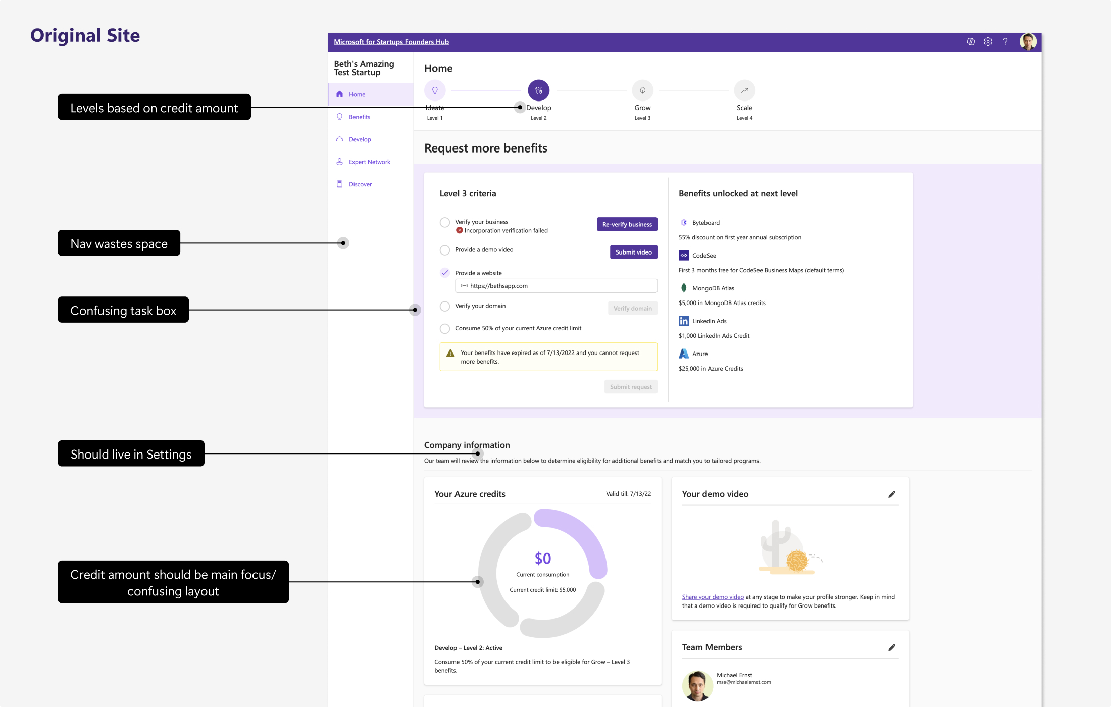 Original Founders Hub interface showing confusing layout